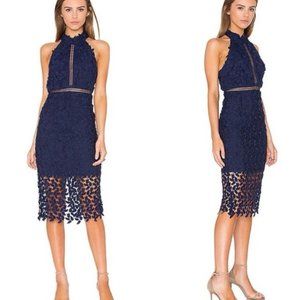 Bardot Revolve Lace Halter Neck Open Back Gemma Midi Dress Blue Ink